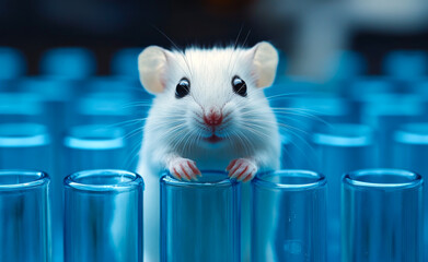 A white mouse is standing on a blue glass container. The mouse is looking at the camera with a curious expression