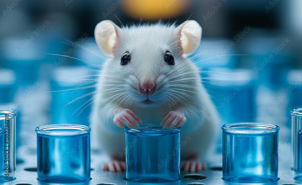 Poster a white mouse is standing in front of a row of blue glass containers. the mouse appears to be curiou