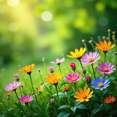 Fototapeta premium a colorful mix of wildflowers grows in a patch of light green grass, , botanical