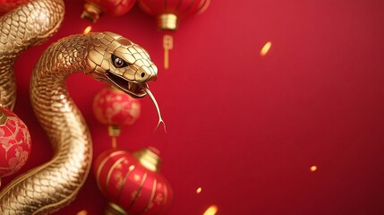Chinese New Year prosperity symbolized by a golden snake and red flowers