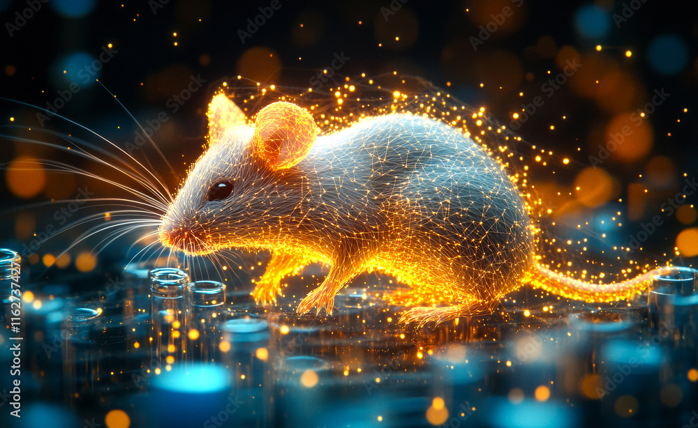 Poster a glowing white mouse is standing on a surface with a lot of sparkles. the mouse is surrounded by a 