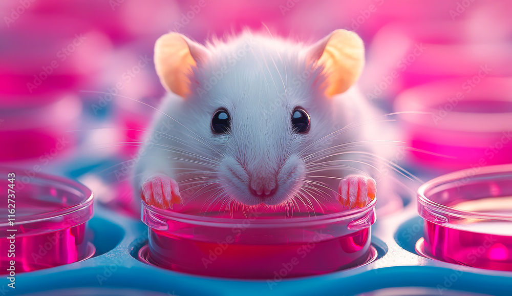 Poster a white mouse is looking at the camera in a pink container. the mouse is in a lab setting, surrounde