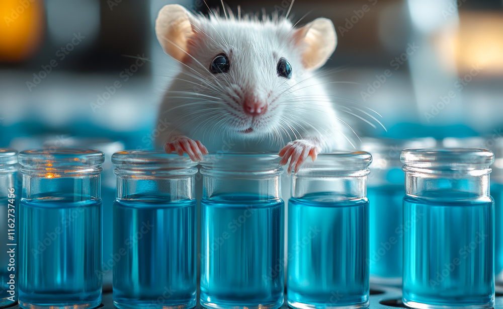Poster a white mouse is standing in front of a row of blue glass containers. the mouse is looking up at the