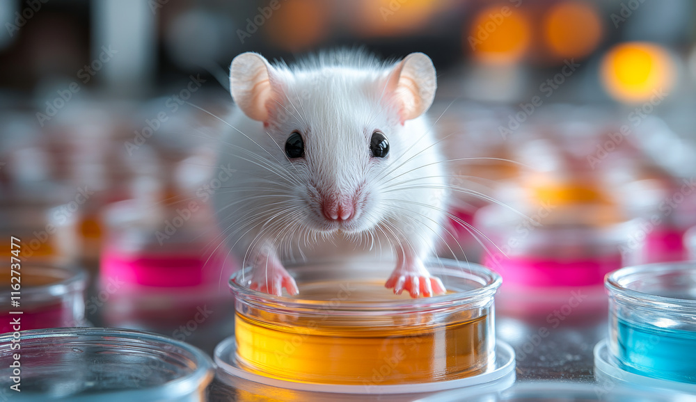 Poster a white mouse is standing on a glass container with a yellow liquid in it. the mouse is looking at t