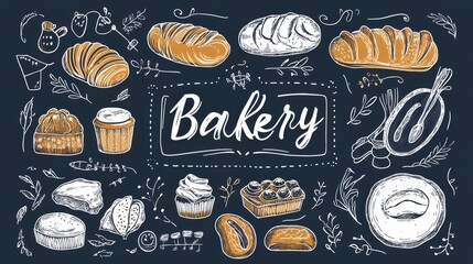 Trendy design for bakery or cafe. Illustration of sweet bread, baguette and other pastries for packaging, label or sign. Food line art illustration for banner, flyer or menu.