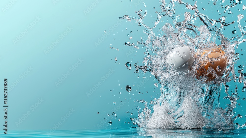 Poster a dynamic splash of water featuring a small object, creating mesmerizing patterns against a soothing
