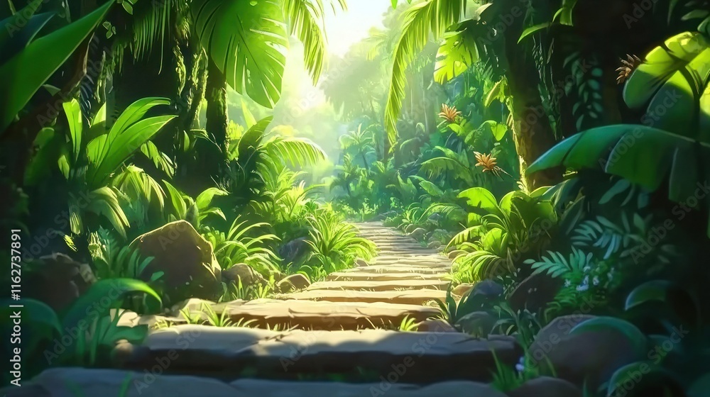 Poster a lush jungle path illuminated by sunlight, inviting exploration and adventure.