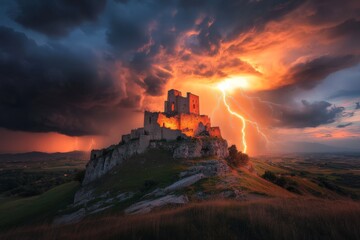 Fototapeta premium A haunting image of a ruined Italian castle on a stormy hill, with lightning illuminating the dark stone walls
