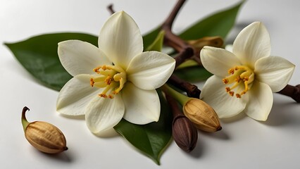 Obraz premium Blossoming cherry branch with white flowers. Realistic vector illustration