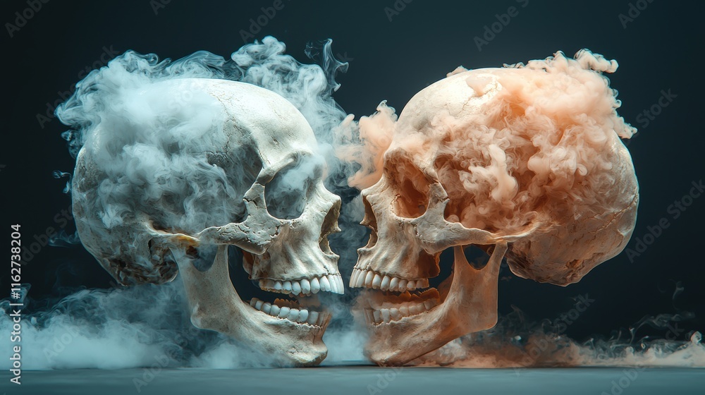 Poster dynamic skull encounter with colorful smoke dark studio artistic photography surreal environment clo