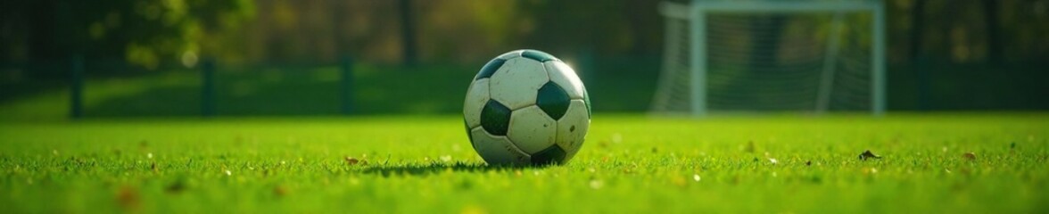 Fototapeta premium Conner positioned on green grass field with ball at readiness for kick, football, placed, wait