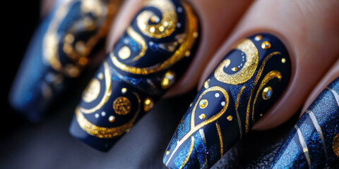 A close-up of a manicure, displaying intricate nail art designs with blue and gold accents on long acrylic nails.