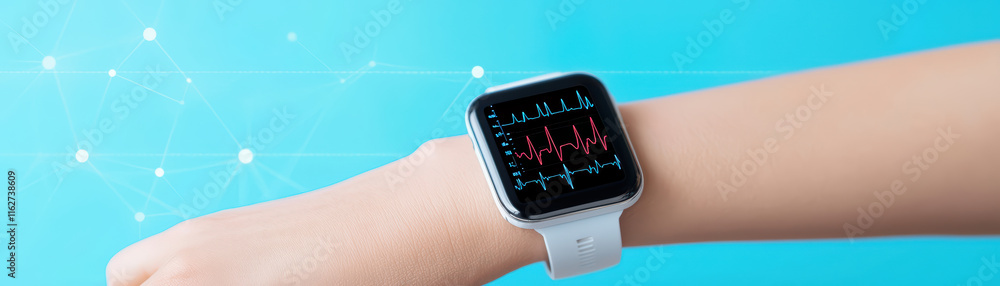 Poster close up of wearable health monitor displaying heart rate data on wrist. this device is essential fo