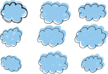 Doodle thinking clouds,  chat cartoon bubbles. Hand drawn set, two layers, vector, isolated on white background
