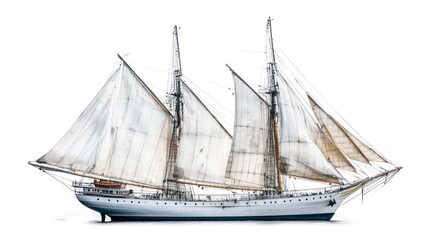 A majestic sailing ship with multiple masts and sails, set against a white background.