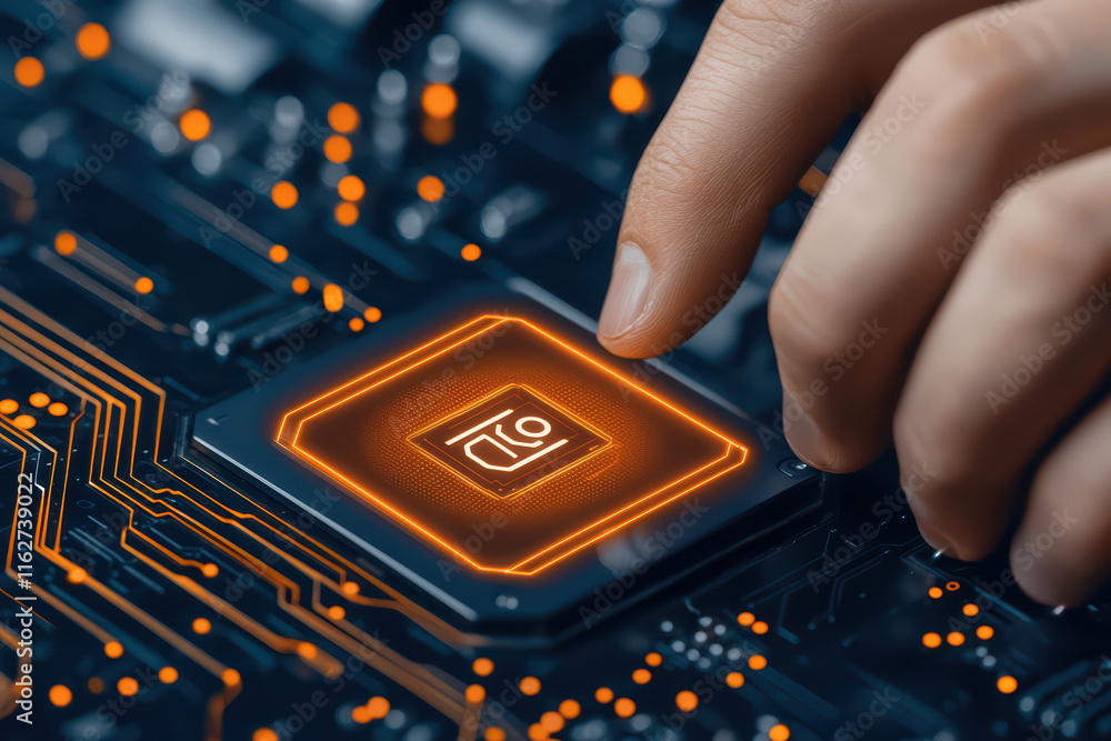 Aufkleber close up of hand interacting with advanced microchip on circuit board, showcasing intricate details 