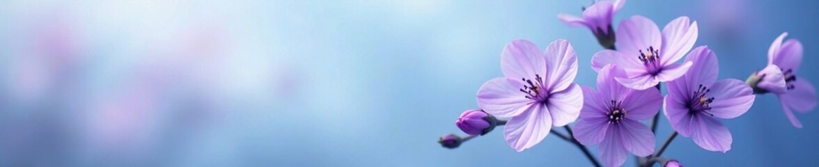Naklejka premium Delicate purple flowers against soft blue background, abstract, calming, peaceful