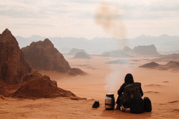 A lone adventurer lighting a signal fire on the highest point of a desert island, with smoke rising into the sky