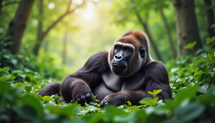Naklejka premium Gorilla resting on forest floor surrounded by greenery