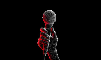 Microphone in hand low poly technology background with abstract polygonal digital design