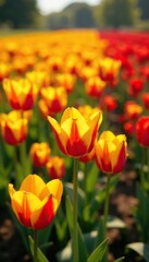 Obraz premium Field of tulips with mix of yellow and red hues, sunflowers, natural scenery