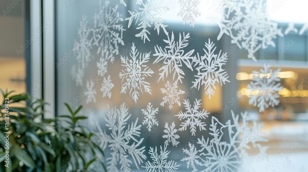 Poster close-up of frosted window glass with intricate snowflake patterns for a wintry design theme
