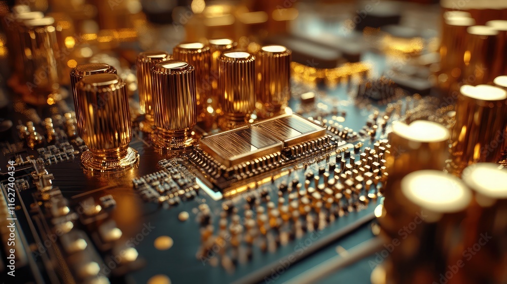Poster close-up of gold-plated pins on a cpu socket, capturing intricate design and reflections, 8k, realis