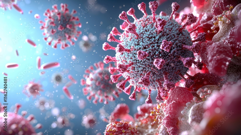 Poster a close-up view of a virus, showcasing its intricate structure with spikes, highlighting its microsc