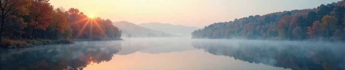Obraz premium Foggy dawn over the still waters of an autumn lake, lake, fog