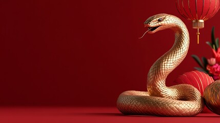Elegant golden snake with traditional Chinese lantern and flowers