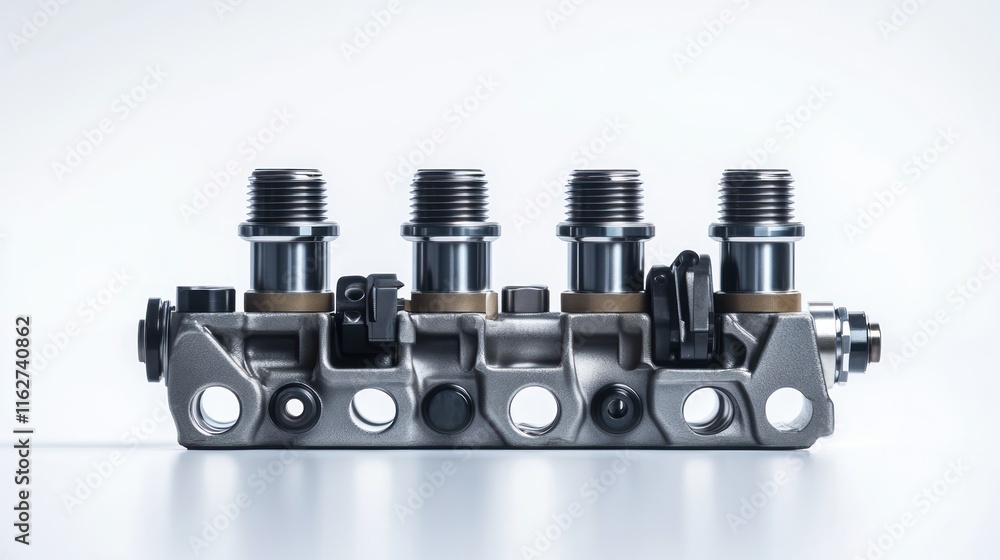 Poster a metallic fuel injector rail with multiple injectors for automotive applications.