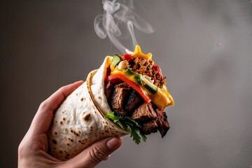 A close-up of a steaming, freshly prepared wrap filled with beef, colorful vegetables, and cheese, held in hand, showcasing a delicious meal concept.