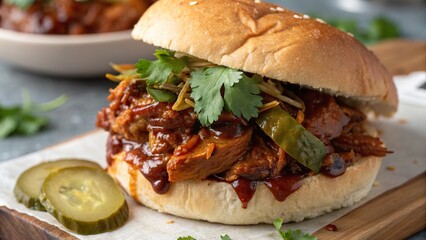 Savory BBQ jackfruit sandwich adorned with fresh toppings and pickles ready to delight at lunchtime