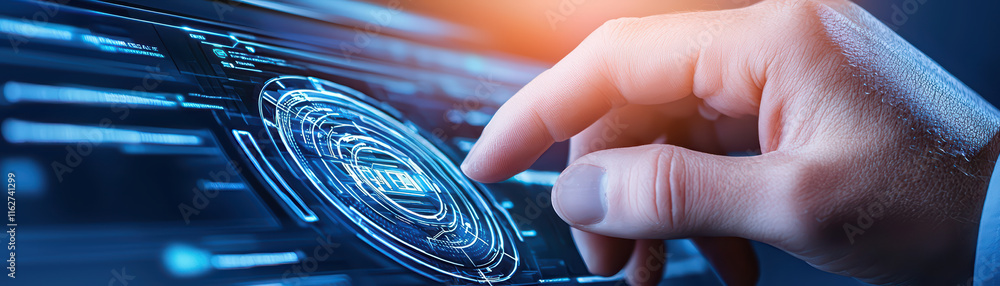 Poster close up of hand interacting with futuristic touchscreen interface, showcasing advanced technology a