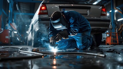Skilled Welder in Protective Gear Working on a Car in an Industrial Workshop with Sparks Flying and Tools Nearby, Capturing the Essence of Automotive Repair and Craftsmanship