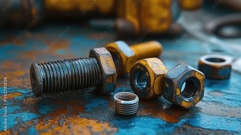 Poster close-up of vehicle lug nuts and bolts displayed on a textured backdrop