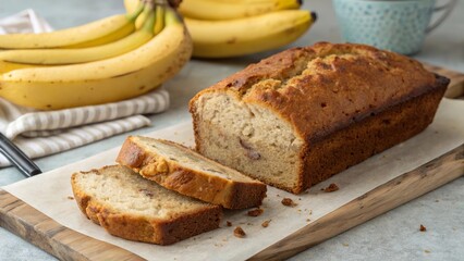 Freshly baked banana bread loaf showcasing perfect slices surrounded by ripe bananas in a cozy kitchen setting