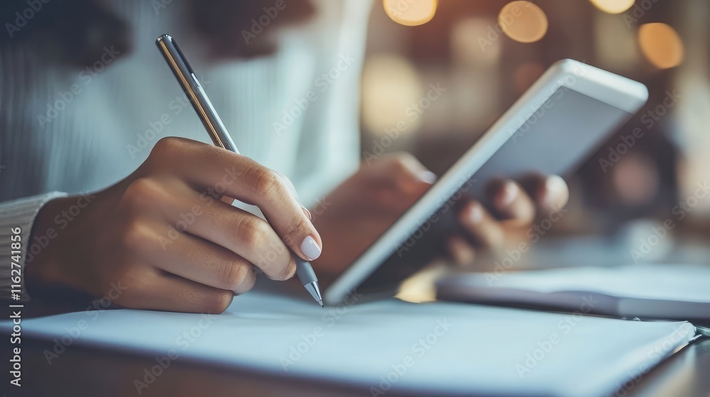 Poster college student using a tablet to take notes during a lecture