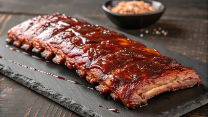 Juicy BBQ rib glistens with rich glaze under warm kitchen light showcasing tender meat and smoky flavor