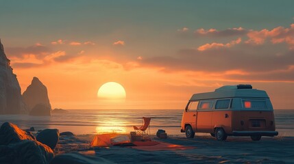 Fototapeta premium Comfortable camping setup near a camper van parked by the beach at sunrise