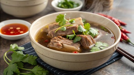 Aromatic bowl of bak kut teh steaming with tender meat and fresh herbs in a cozy setting