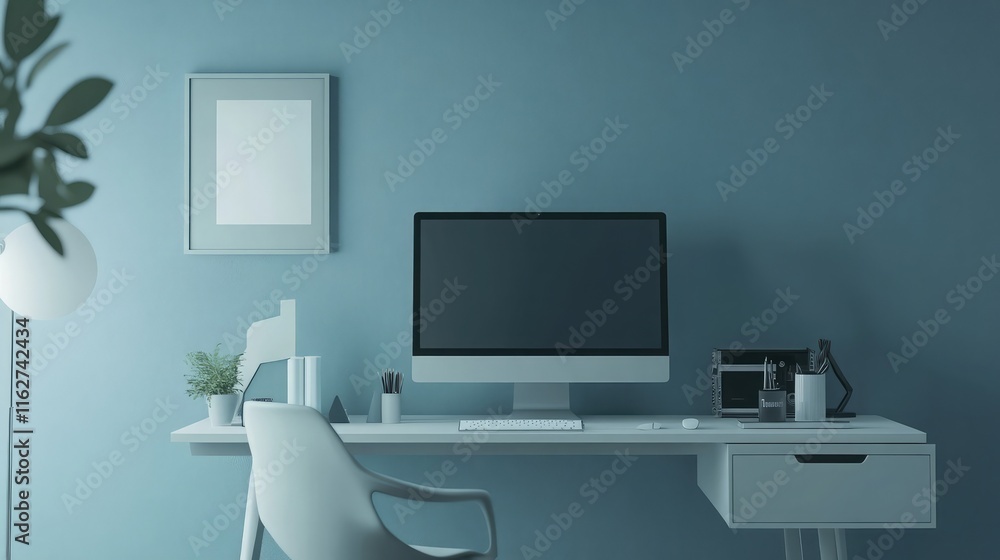 Poster computer setup in minimal scene with geometric figures, 3d render