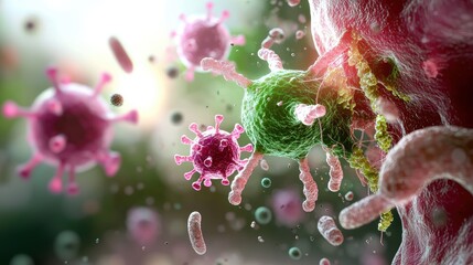 Exploring viral activity in human cells laboratory scientific visualization microbial environment close-up perspective