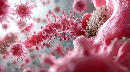 Virus interaction in microscopic environment scientific digital art close-up view biology concept