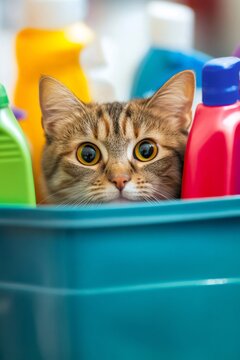 Tabby kitten hiding inside cleaning bucket, peering out mischievously among household supplies and detergent containers
