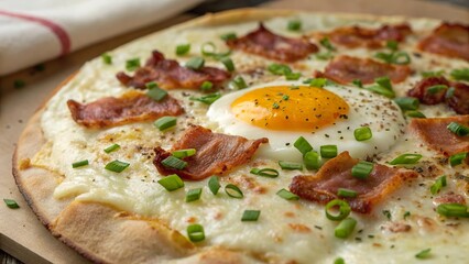 Delightful breakfast medley featuring a sunny egg yolk and crispy bacon on a gourmet pizza base topped with fresh green onions