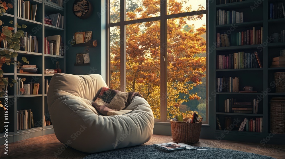 Aufkleber cozy reading nook by a window with a soft armchair and bookshelf