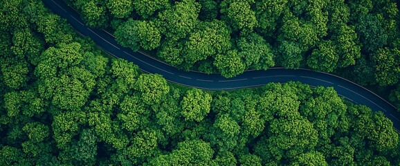 Aerial view of a winding road through lush green forest.