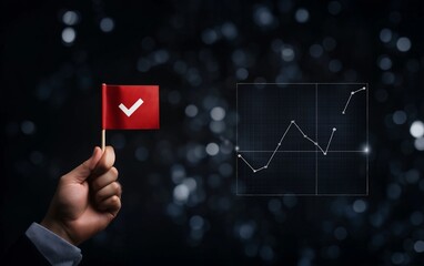 
Businessman's hand holding a red flag on a checkmark icon with stairs and a document in motion, representing success, goal achievement, development, or customer service quality protection.