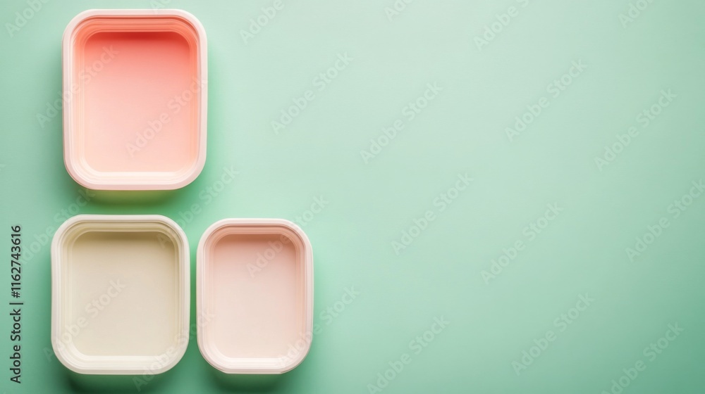 Poster colorful containers in soft light on flat lay background
